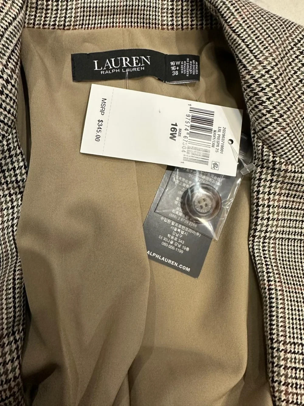NWT Ralph Lauren Tan and Black Plaid Single-Button Blazer - Picture 11 of 11